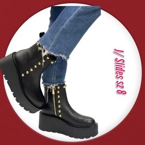 J/Slids Woman's Boots VICEROY  Leather Studded Ankle Platform Black Boots